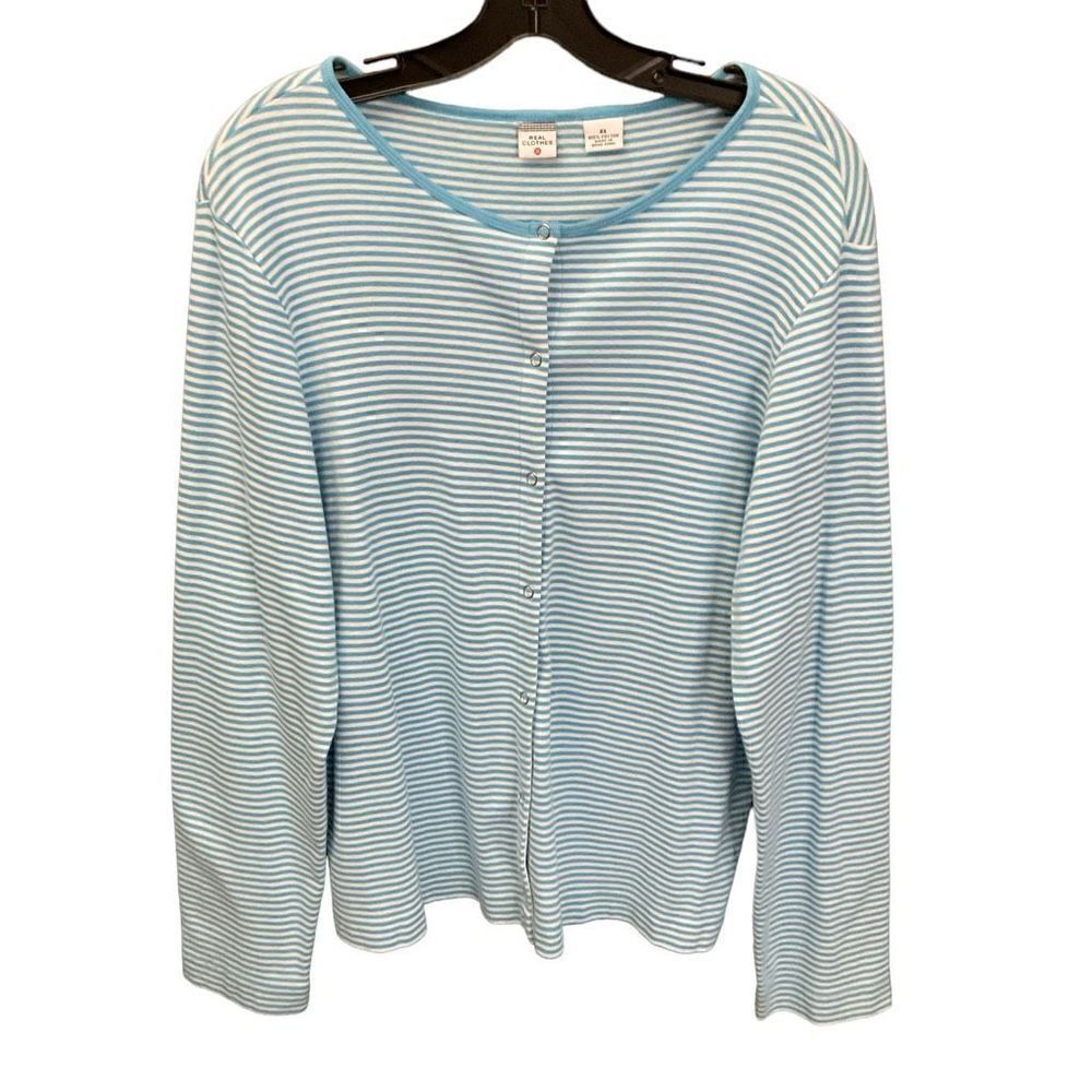 Real Clothes Cardigan Snap Front Closure Blue White Stripe Long Sleeves Women XL